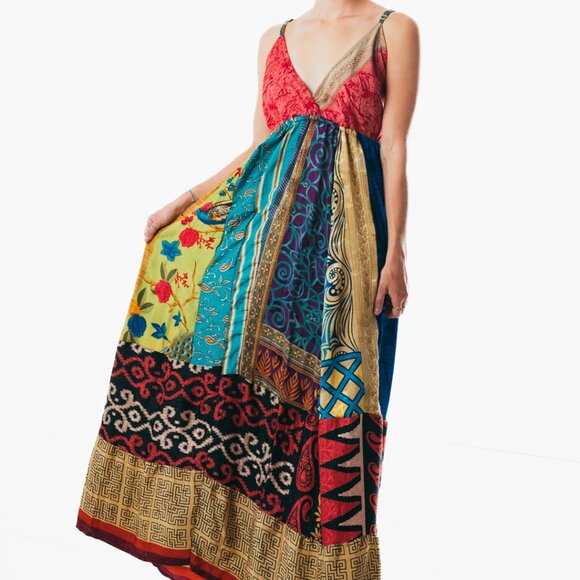 Boho Hippie Patchwork Spaghetti Strap Long summer gypsie midi color Dress - Picture 1 of 5